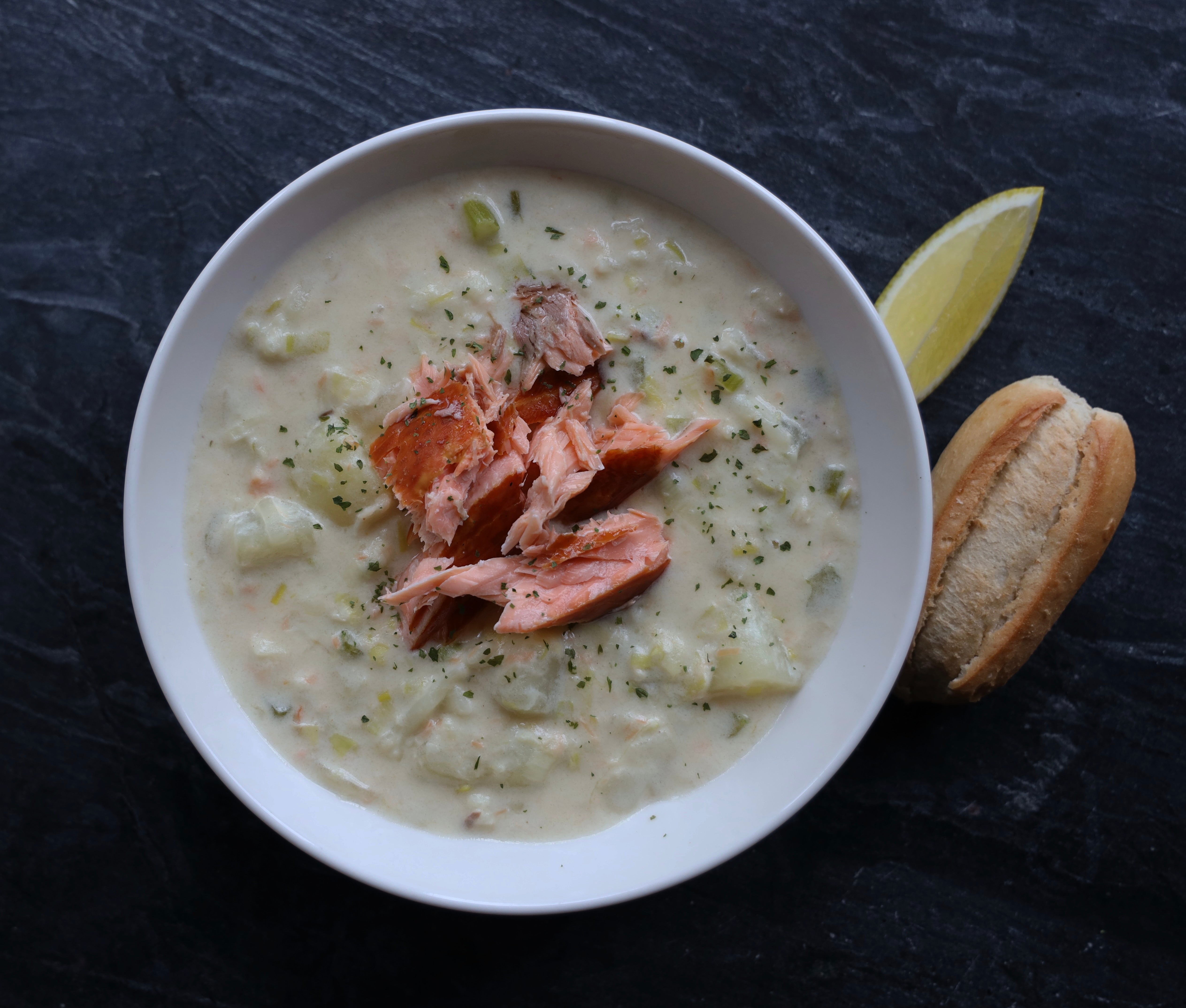 Chowder with hot smoked salmon