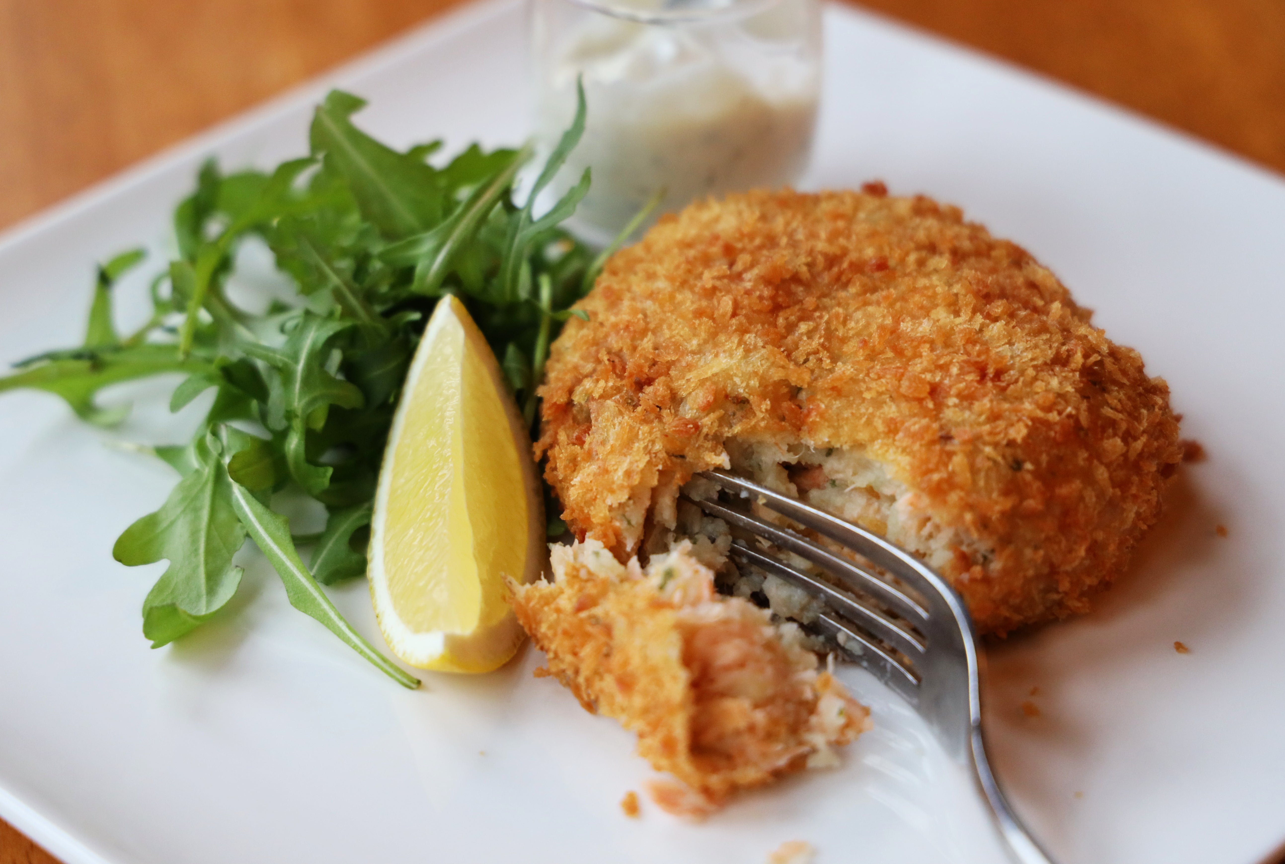 Hot oak smoked salmon fish cake