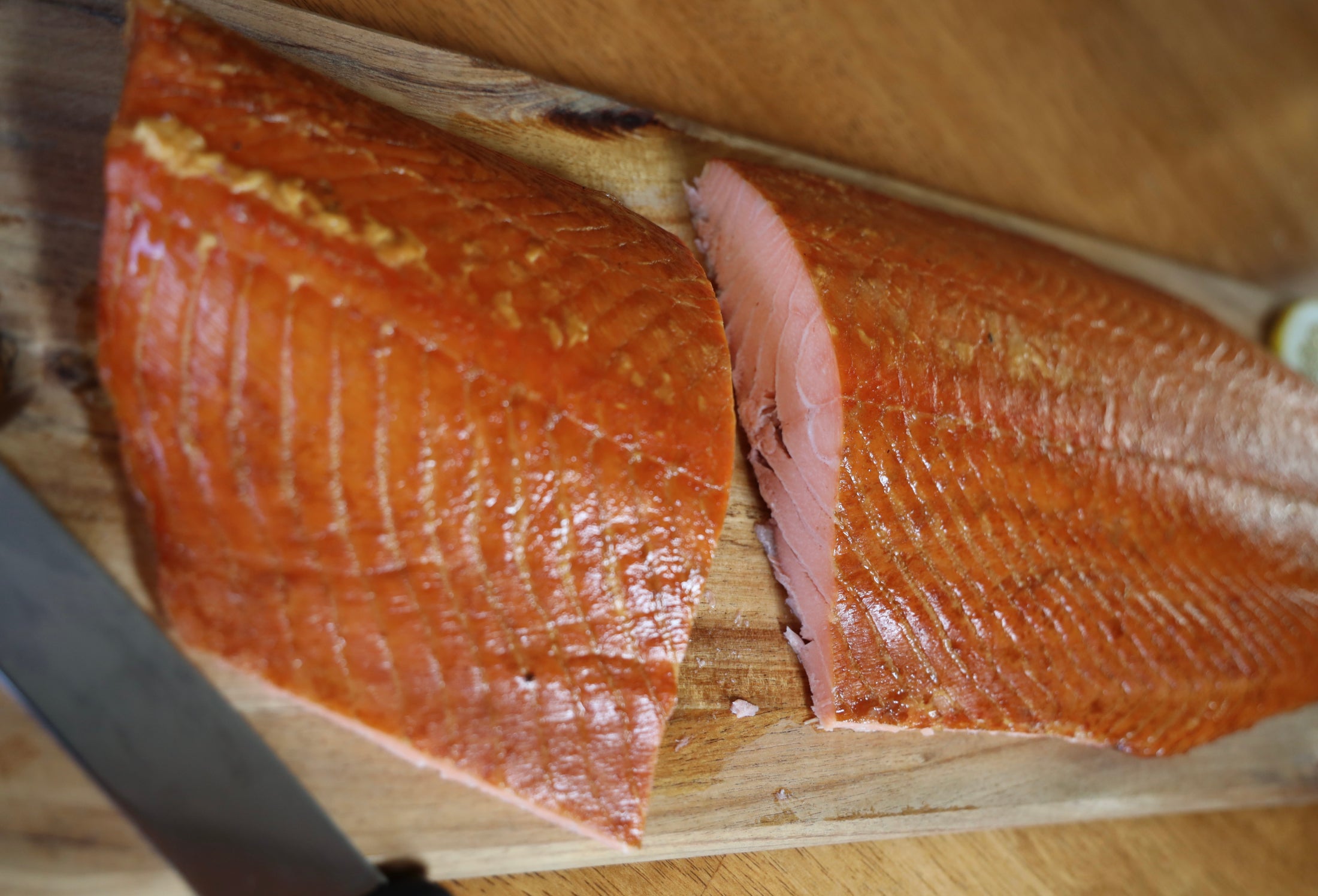 Whole side of hot oak smoked Scottish salmon