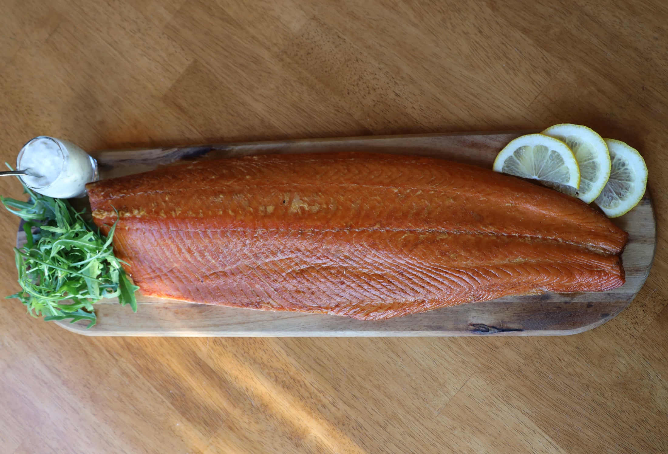 Whole side of hot oak smoked Scottish salmon