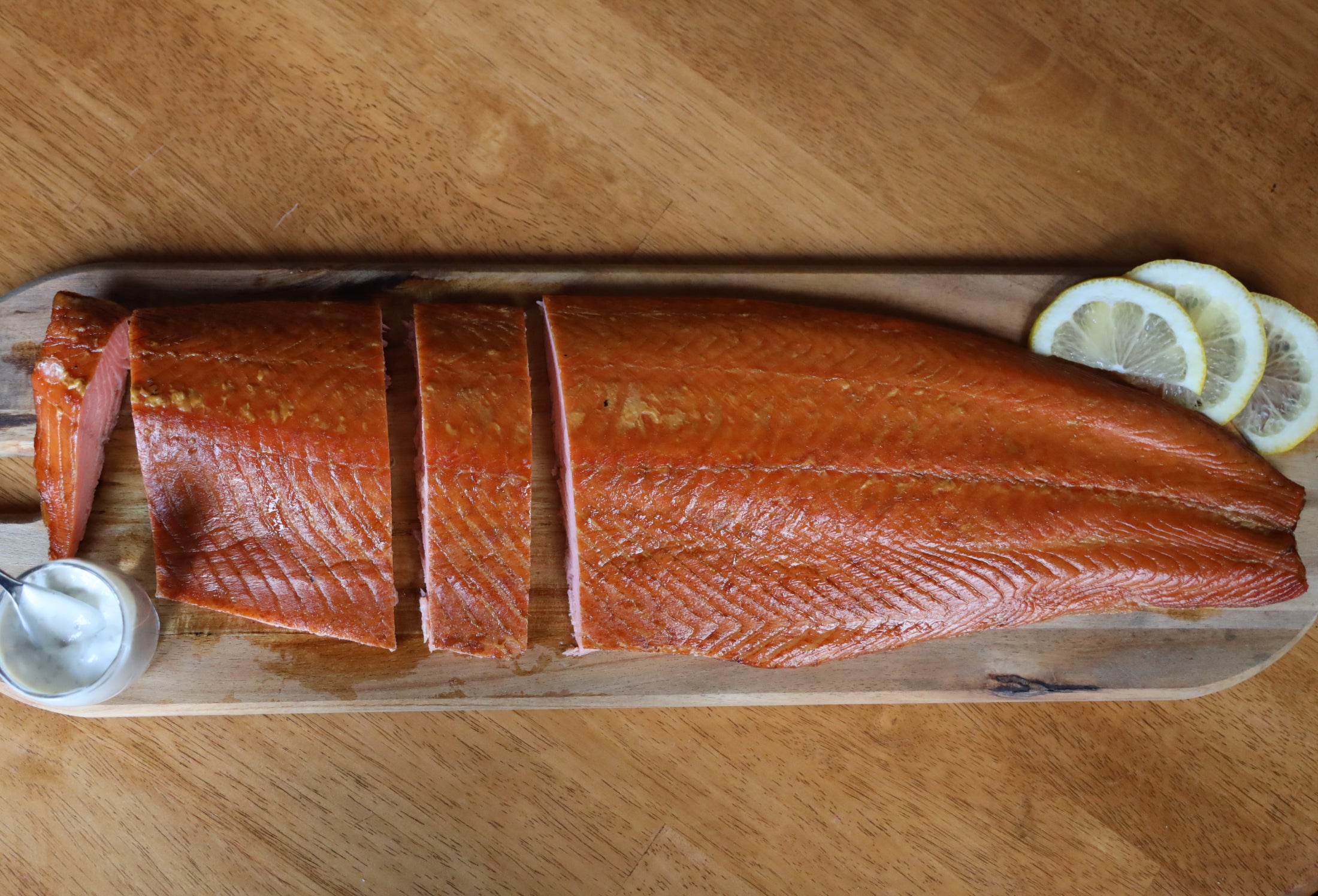 Whole side of hot oak smoked Scottish salmon