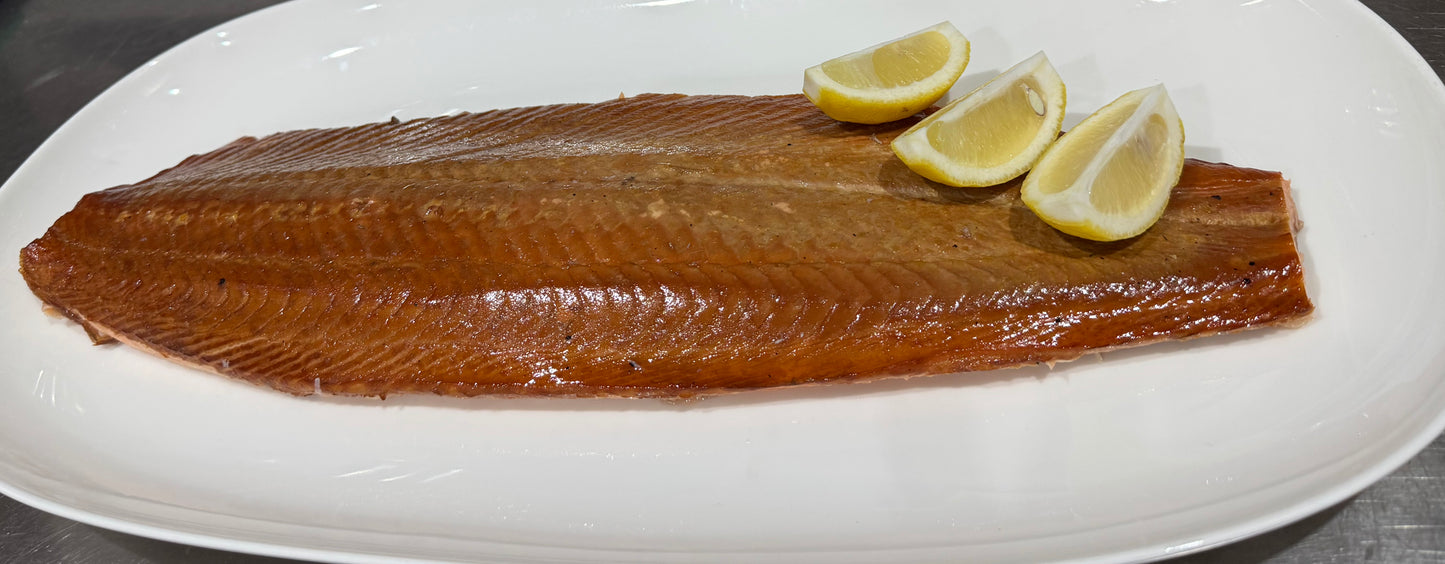 Whole side of hot oak smoked Scottish salmon